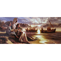 Obraz na dreve: Pán Ježiš s deťmi - pohľad na more (25x10)