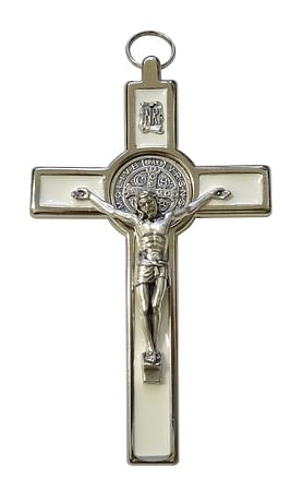 Kríž: benediktínsky, kovový - biely, 13 cm