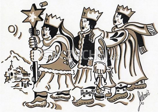 Pohľadnica: Traja králi, vianočná, s textom - hnedá