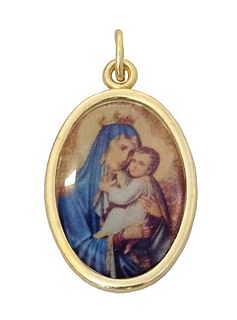 Medailón: Panna Mária Škapuliarska, kovový, zlatá farba