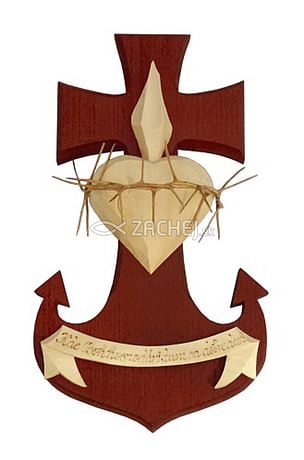 Drevorezba: srdce, kotva, kríž - mahagónová, 28 cm