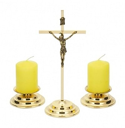 Komplet: kríž + sviece so svietnikmi, kovový - zlatá farba, 19 cm