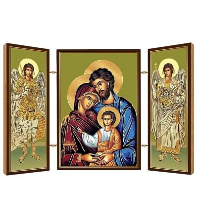 Triptych: ikona Svätej rodiny + archanjeli, drevený