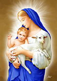 Obraz na dreve: Panna Mária s dieťaťom a ovečkou (14x20)