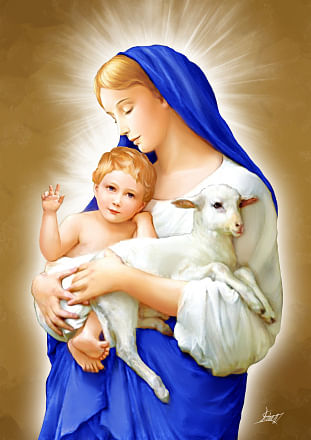 Obraz na dreve: Panna Mária s dieťaťom a ovečkou (14x20)
