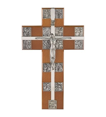 Krížová cesta: v tvare kríža - hnedá/strieborná farba, 30 cm