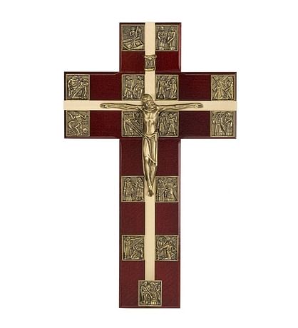 Krížová cesta: v tvare kríža - tmavá/zlatá farba, 30 cm