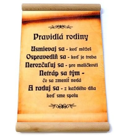 Citát na dreve:  Pravidlá rodiny (hranol)