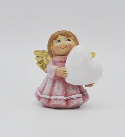 Anjel: ružový s bielym srdiečkom naboku - 7,5 cm
