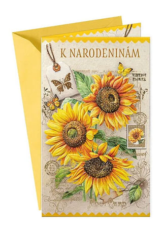 Pozdrav: K narodeninám, s textom - slnečnice