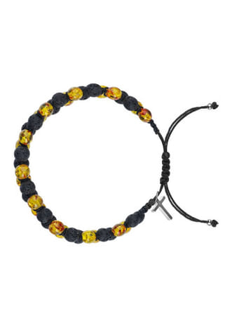 Náramok: šnúrkový, s krížikom - sopečná láva + sýtožltý syntetický jantár