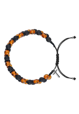 Náramok: šnúrkový, s krížikom - sopečná láva + oranžový syntetický jantár