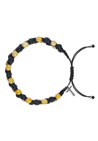 Náramok: šnúrkový, s krížikom - sopečná láva + žltobiely syntetický jantár