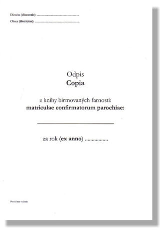 Odpis z knihy birmovaných farnosti (vonkajší hárok)