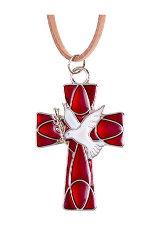 Prívesok: krížik s holubicou na koženkovej šnúrke, červený - veľký (7 cm)