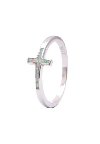 Prsteň: strieborný s bielym opálovým krížikom - 64 mm