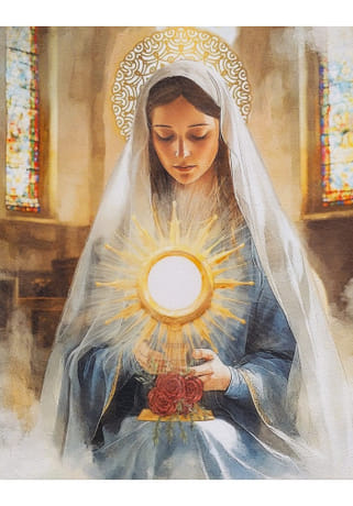 Obraz na dreve: Panna Mária v úcte k Eucharistii (27 x 21)