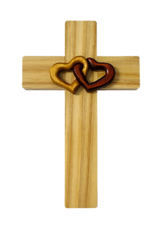 Kríž: z prírodného dreva s dvoma srdcami - 22 cm