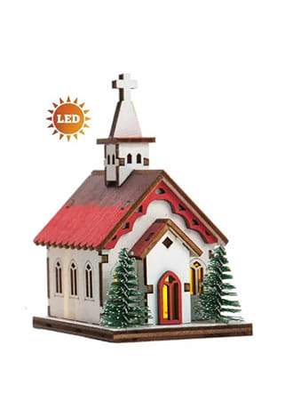 Dekorácia: bieločervený kostolík - s LED svetlom